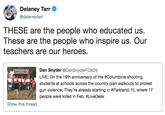 Delaney Tarr @delaneytarr THESE are the people who educated us These are the people who inspire us. Our teachers are our heroes Dan Snyder @DanSnyderFOX25 LIVE: On the 19th anniversary of the #Columbine shooting, students at schools across the country plan walkouts to protest gun violence; They're already starting in #Parkland,FL where 17 people were killed in Feb. #LiveDesk Show this thread