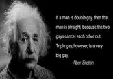 If a man is double gay, then that man is straight, because the two gays cancel each other out. Triple gay, however, is a very big gay. Albert Einstein