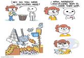 NAH, NEAREST RECYCLING BIN IS HEY, DO YOU HAVE RECYCLING HERE? OVER THAT WAY. ay owLTURDC。η