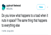 guybrush fleetwood @ICELEVEL Follow Do you know what happens to a toad when it nuts in space? The same thing that happens to everything else 7:18 PM-23 Apr 2018