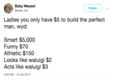 Baby Weasel @adda boi Follow Ladies you only have $5 to build the perfect man, wyd: Smart $5,000 Funny $70 Athletic $150 Looks like waluigi $2 Acts like waluigi $3 4:04 PM- 13 Jan 2017