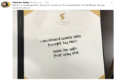 Hawon Jung@allyjung -14h Here's a message Kim Jong Un wrote on the guestbook at the Peace House summit venue 2018 남북정상회담 Fouoght oy mn miss me ш1th that gay sh