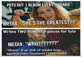 Sick of this media bias PUTS OUT 1ALBUMEVERY3KEARS MEDIA: "SHE'S THE GREATEST!!I'" Writes TWO HUNDRED pieces for lute MEDIA: "WHO???????" "Share" if ur sick of media bias against John Dowland (1563-1626)!