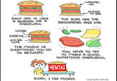 today was not a bad day WAKING UP. GOING TO BED. EACH DAY IS LIKE THE BUNS ARE THE A BURGER, OR A BEGINNING AND END. SANDWICH. WORK EXERCISE SOCIAL LIFE THE MIDDLE IS EVERYTHING YOU DO IN BETWEEN. YOU HAVE TO TRY TO MAKE A GOOD, NUTRITIOUS SANDWICH HENTA TODAY, I DID POORLY. OLTURD.Cm