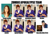 ZOMBIE APOCALYPSE TEAM Team Leader brawler weapons expert brains speed fighter ascu Guy who dies first medic