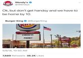 Wendy's Wendys Ok, but don't get handsy and we have to be home by 10 Burger King @BurgerKing DRIVE THRU @WENDYS PROM? WEnDys QUALITY SOUTHINEST AVOCADO CHOCKEN 159 EXIT TER 5/9/18, 10:50 AM 7,689 Retweets 36.2K Likes