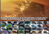 GODZILLAEARTHISATTACKING YOUR CITY! PICK3 DIFFERENT GODZILLAS TO DEFEND YOUR CITY! 1954-1955 1962 1964. 1965-1966 1967 1968-1972|973-1975 9TI-1979 1978-1979 19801984 19851989 1989-19 1992 992 1994 1993 1994 1994-19961995 1998 1999-2000 2001 2002 200-2003 2004 200 2007 2014 2014 2016