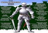 HoW WHITE KNIGHT ARMOR WORKS COGNITIVE DISSONANCE HELMET Allows radfem dogma FRIENDZONE SHOULDER PADDING nice & soft for the heads of women who will never sleep with him to make sense to him. (It also corrects his "Male gaze") MAGIC BREASTPLATE Allows him to swallow his pride, and "check his privilege" SJW SWORD MAGIC GAUNTLET cuts through "entitlement" like a hot knife through butter & MACE the patriarchy PROTECTIVE Helps him dismantle "AU SECOUR" LEGGINGS ーKNEE PAD gives him added speed to run and rescUe any feminist in danger of of engaging in a logical debate. Protects his knees when groveling, at the feet of the nearest woman, while apologizing on behalf of all men past and present