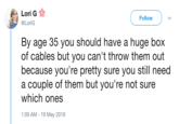 Lori G @LoriG Follow By age 35 you should have a huge box of cables but you can't throw them out because you're pretty sure you still need a couple of them but you're not sure which ones 1:09 AM-19 May 2018