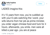 ketty hopkins @sibylpain Follow LADIES imagine this: it's 15 years from now, you're cuddled up with your 6 cats watching the l word. your wife returns from her job as prime minister, you order vegan chinese food and f--- for 4 hours. afterwards, you smile. men were all killed a year ago. you are at peace 1:18 PM 22 May 2018