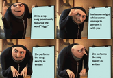 Write a rap song prominently featuring the word "n----" Invite overweight white woman onstage to perform it with you She performs the song exactly as written She performs the song exactly as written