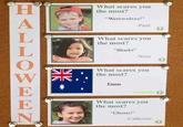 What scares you the most? Werewolves!" -Paul L. What scares you the most? Sharks Nina What scares you the most? Emus -Australia What scares you the most? Ghosts! Catherine
