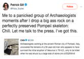 Patrick Gill @Pizza Suplex Follow Me to a panicked group of Archaeologists moments after I drop a big ass rock on a perfectly preserved Pompeii skeleton: Chill. Let me talk to the press. 've got this. CNN@CNN Archaeologists working at the ancient Roman city of Pompeii, Italy, uncovered the remains of a 30-year-old man who appears to have survived the initial eruption of Vesuvius in 79 A.D., only to be killed when he was struck by a large slab of stone cnn.it/2GZKWvX