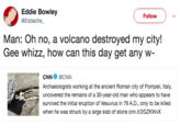 Eddie Bowley @Eddache Follow Man: Oh no, a volcano destroyed my city! Gee whizz, how can this day get any w CNN@CNN Archaeologists working at the ancient Roman city of Pompeii, Italy, uncovered the remains of a 30-year-old man who appears to have survived the initial eruption of Vesuvius in 79 A.D., only to be killed when he was struck by a large slab of stone cnn.it/2GZKWvX