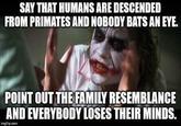 SAY THAT HUMANS ARE DESCENDED FROM PRIMATES AND NOBODY BATS AN EYE POINT OUT THEFAMILY RESEMBLANCE AND EVERYBODY LOSES THEIR MINDS mgflip com photo caption