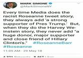 MARK SIMONE @MarkSimoneNY Every time Media does the racist Roseanne tweet story, they always add 'a strong supporter of Pres Trump. But, when they do the Harvey We- instein story, they never add "a huge donor, major supporter and close friend of Hillary Clinton's." #RoseanneBarr #Roseanne 11:05 AM 29 May 18