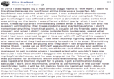 Eliza Stafforg Yesterday at 5:43am In 2013 I was r---- by a man whose stage name is "Riff Raff". I went to his show because my boyfriend at the time was a huge fan. My boyfriend was with me at the concert. I was asked mid-show to come backstage, and as a 19 year old I was flattered and complied. When l got backstage I was offered a shot from a (branded) vodka bottle that was sitting on the table. I was offered a 60ml 'party' shot. I took the shot, it was syrup and I immediately asked what it was. Riff raff and his support act told me that it was codeine and started laughing. I don't remember anything from that point. A couple of my friends were at the concert and when I didn't come outside from backstage, asked what had happened. Another girl who had been backstage with me told them that I had been coerced to get in to a car with riff raff and his support act. She didn't do anything. I had been actively fighting against them as she watched and they had eventually forced me in to a car. She told my friends this, we were all young and they didn't tell anyone and I don't blame them. I woke up as Riff raff was pulling out of me and getting in to the shower. I crawled truly, on all fours -out of the hotel room and managed to get outside where I booked a taxi who wouldn't take me because l was "too drunk". I begged him to take me home, got back to my boyfriends house, and he was angry at me for "blowing him off". I was punished for 6 months within that relationship for what "I did". I was r---- and blamed myself for 5 years. I got a notification today because I work at in Richmond, and he is performing at the corner hotel next Friday night. I will be 50 metres from my r----- all night. About 6 months ago, I contacted my friends who were there to ask how much they remembered. They remember everything, we were children and didn't know how to respond. If you are planning on attending the riff raff show at the corner next week I urge you to reconsider.