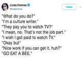 Linda Holmes Follow @lindaholmes "What do you do?" "I'm a culture writer." "They pay you to watch TV?" "I mean, no. That's not the job part." "l wish I got paid to watch TV." "Okay but" "Nice work if you can get it, huh?" "GO EAT A BEE."