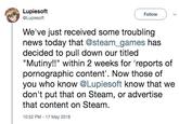 Lupiesoft @Lupiesoft Follow We've just received some troubling news today that @steam_games has decided to pull down our titled "Mutiny!!" within 2 weeks for 'reports of pornographic content'. Now those of you who know @Lupiesoft know that we don't put that on Steam, or advertise that content on Steam. 10:52 PM 17 May 2018