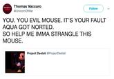 Thomas Vaccaro @UnicornOfWar Follow YOU. YOU EVIL MOUSE. IT'S YOUR FAULT AQUA GOT NORTED SO HELP ME IMMA STRANGLE THIS MOUSE. Project Destati @ProjectDestati