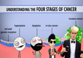 UNDERSTANDING THE FOUR STAGES OF CANCER invasive cancer hyperplasia dysplasia in situ cancer cell with genetic mutation The All Memei