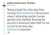 popular comedy account "the pixela... @pixelatedboat Taking a break for a few days from running @GenitalGarfield, the account where I photoshop realistic human genitals onto Garfield. Running the account is emotional labor that I'm not cut out to do every day. #selfcare is important -P