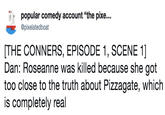 popular comedy account "the pixe... @pixelatedboat THE CONNERS, EPISODE 1, SCENE 1] Dan: Roseanne was killed because she got too close to the truth about Pizzagate, which is completely real
