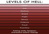 LEVELS OF HELL: Limbo Lust Gluttony Greed Anger Heresy Violence Fraud Treachery Adding s----- Splatoon characters before Waluigi