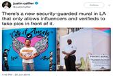 Justin Caffer justin caffier @JustinCaffier Follow There's a new security-guarded mural in LA that only allows influencers and verifieds to take pics in front of it. PRIVATE MURAL ove FOR VERIFIED INFLUENCES AND PEOPLE WITH OVER 20,000 FOLLOWERS OWLY 4:45 PM-25 Jun 2018