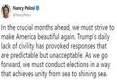 Nancy Pelosi * @NancyPelosi In the crucial months ahead, we must strive to make America beautiful again. Trump's daily lack of civility has provoked responses that are predictable but unacceptable. As we go forward, we must conduct elections in a way that achieves unity from sea to shining sea.