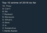 Top 10 anime of 2018 so far 10. They 9. Can't 8. Be 7. Ranked 6. Because 5. What's 4. Best 3. Is 2. Subjective 1. Vento Aureo