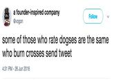 a founder-inspired company @vogon Follow some of those who rate dogses are the same who burn crosses send tweet 4:31 PM-26 Jun 2018