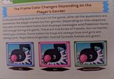 The Frame Color Changes Depending on the Player's Gender In the personality quiz at the start of the game, after all the questions are answered, the player states his/her gender. Depending on this response, the color of the window frame that displays messages and Pokémon faces will change during the game. There are five kinds of frames, but no matter which you choose, frame colors for boys are always blue and girls are always pink.Regardless of gender, Special Episode frames are green. Boy Girl Special Episode
