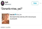 hush @BlameHush Follow "Dismantle mines, yes?" Daily Star @Daily_Star Men reveal the three words they LOVE to hear during sex bit.ly/2tUoUWX 9:48 AM-3 Jul 2018