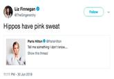 Liz Finnegan @TheGingerarchy Follow Hippos have pink sweat Paris Hilton@ParisHilton Tell me something I don't know... Show this thread 11:11 PM-30 Jun 2018