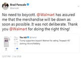 aparscale No need to boycott. @Walmart has assured me that the merchandise will be down as soon as possible. It was not deliberate. Thank you @Walmart for doing the right thing! ーニ: The Hill. @thehill MPEAC 45Trump supporters boycott Walmart for selling "Impeach 45 clothing hill.cm/Fdk6khy 12:57 PM-3 Jul 2018