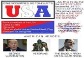July 4th is the day that OTHER COUNTRIES, GO TOHELL! IT'S : the LNITED STATES became the UNITED STATES OF AMERICA. The primary export of the USA is THE FIRST TEN SEASONS OF THE SIMPSONS. Some inventions of the USA: -Dollar [Green] DID丫OU KNOW? The 50 stars in the USA flag represent UNION BUSTING! That wonderful striped bastard itself: Flag -Freedom not being free AMERICAN HEROES GEORGE WASHINGTON VETERANS THE BADGU丫FROM METAL GEAR RISING