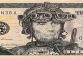 Doodled on a $5 bill making it that the former President is wearing a night vision apparatus on his head, like you might see out of a video game