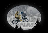 Creative "fan art":/memes/cultures/fan-art of "Star Wars":/memes/subcultures/star-wars characters C3PO and R2D2 flying across the Death Star non-moon in the ET style of escape.