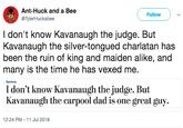 Ant-Huck and a Bee @TylerHuckabee Follow I don't know Kavanaugh the judge. But Kavanaugh the silver-tongued charlatan has been the ruin of king and maiden alike, and many Is the time he has vexed me. Opinions I don't know Kavanaugh the judge. But Kavanaugh the carpool dad is one great guy. 12:24 PM-11 Jul 2018