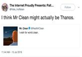 The Internet Proudly Presents: Pall @Palle_Hoffstein Follow l think Mr Clean might actually be Thanos. Mr. CleanRealMrClean I wish for world clean. 11:44 AM 15 Jul 2018