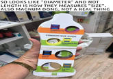 Meme of a cutout at a pharmacy for understanding the sizes of condoms, which are clearly derived from the diameter of the penis, not it's length, and there is clearly no mention of the Magnum Dong size, which should obviously be there if this was a real measuring cut out