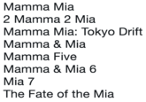 Mamma Mia 2 Mamma 2 Mia Mamma Mia: Tokyo Drift Mamma & Mia Mamma Five Mamma & Mia6 Mia 7 The Fate of the Mia
