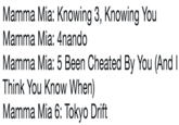 Mamma Mia: Knowing 3, Knowing You Mamma Mia: 4nando Mamma Mia: 5 Been Cheated By You (And I Think You Know When) Mamma Mia 6: Tokyo Drift