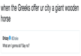 when the Greeks offer ur city a giant wooden horse DrizzyDrake What am I gonna do? Say no?
