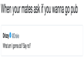 When your mates ask if you wanna go pub DrizzyDrake What am I gonna do? Say no?