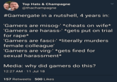 Top Hats & Champagne @thachampagne #Gamergate in a nutshell, 4 years in Gamers are misog-' *cheats on wife* Gamers are harass- *gets put on trial for rape* Gamers are fasci-'*literally murders female colleaque Gamers are virg- *gets fired for sexual harassment* Media: why did gamers do this? 12:27 AM 11 Jul 18 157 Retweets 500 Likes
