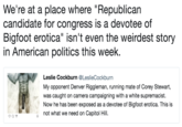 We're at a place where "Republican candidate for congress is a devotee of Bigfoot erotica" isn't even the weirdest story in American politics this week. Leslie Cockburn @LeslieCockburn My opponent Denver Riggleman, running mate of Corey Stewart, was caught on camera campaigning with a white supremacist. Now he has been exposed as a devotee of Bigfoot erotica. This is not what we need on Capitol Hill