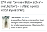 2018, when "devotee of Bigfoot erotica" (yeah, big"foot") -- is uttered in politics without anyone blinking Leslie Cockburn @LeslieCockburn My opponent Denver Riggleman, running mate of Corey Stewart, was caught on camera campaigning with a white supremacist. Now he has been exposed as a devotee of Bigfoot erotica. This is not what we need on Capitol Hill.