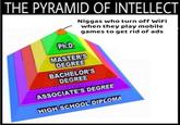THE PYRAMID OF INTELLECT N----- who turn off WiFi when they play mobile games to get rid of ads Ph.D. MASTERS DEGREE BACHELOR'S DEGREE ASSOCIATE'S DEGREE HIGH SCHOOL DIPLOMA